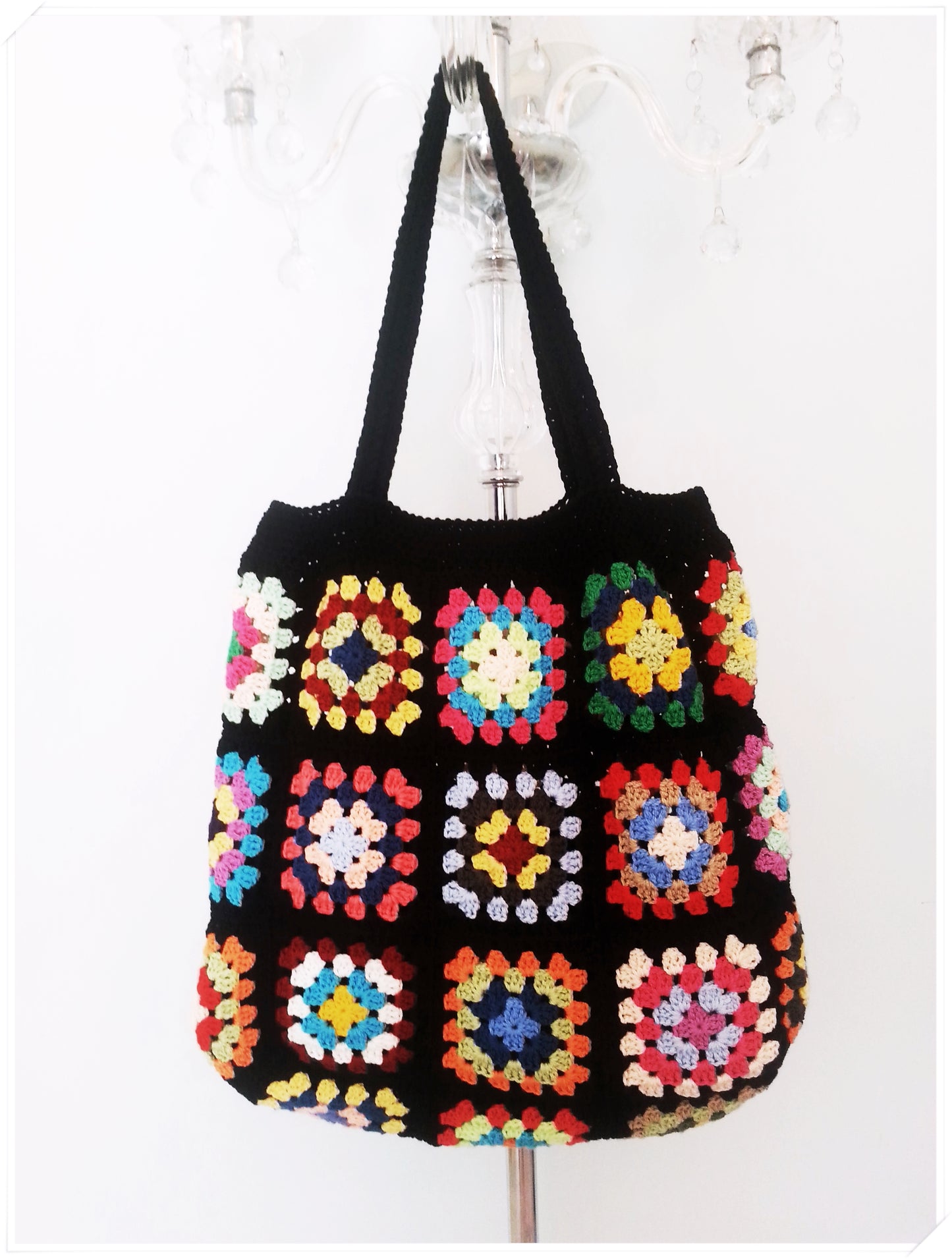 Crochet Granny Square Black Tote Bag