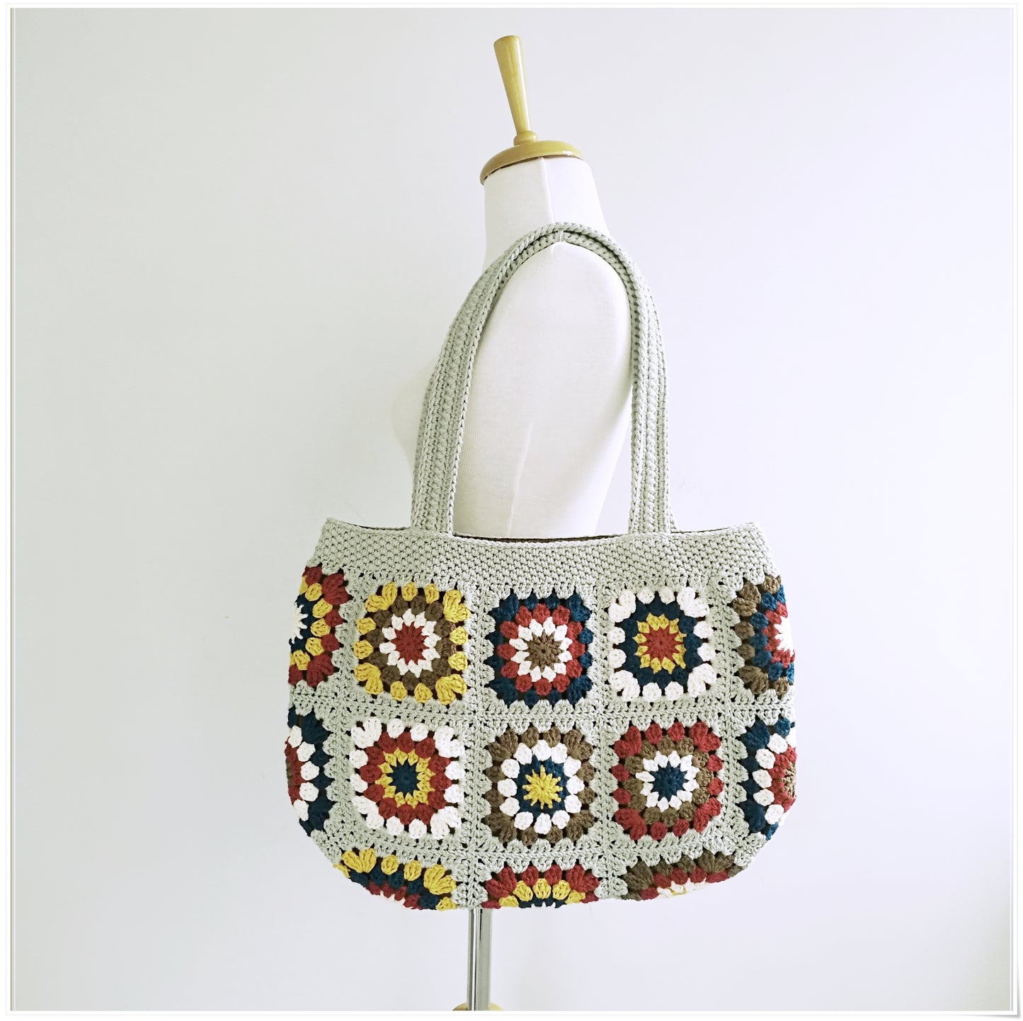 Crochet Vintage Style Floral Tote Bag, Granny Square Purse