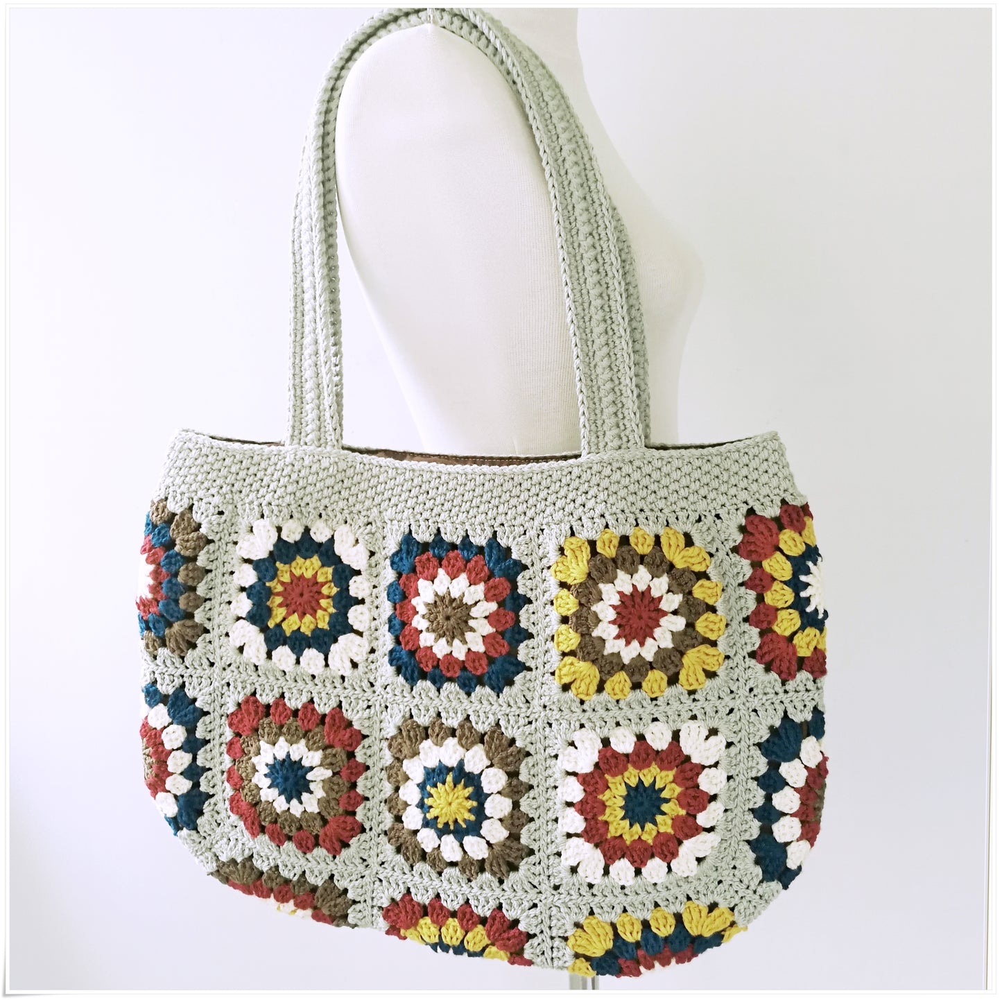 Crochet Vintage Style Floral Tote Bag, Granny Square Purse