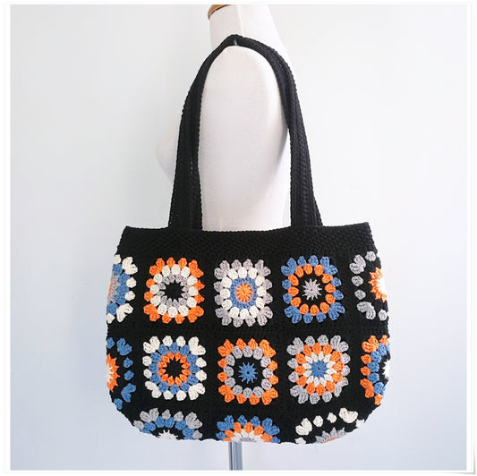 Crochet Granny Square Black Tote Bag
