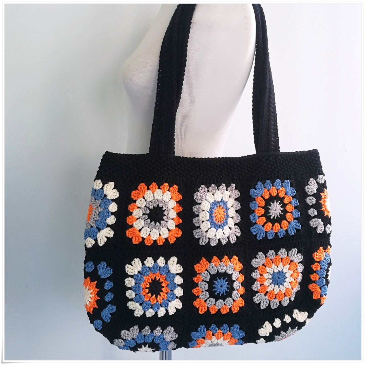 Crochet Granny Square Black Tote Bag