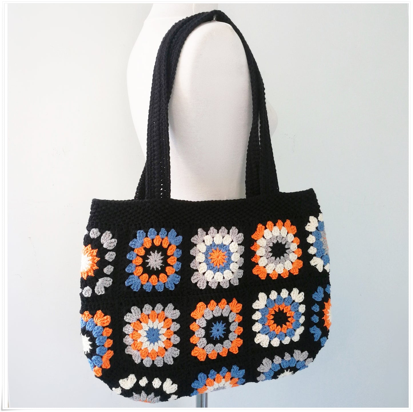 Crochet Granny Square Black Tote Bag