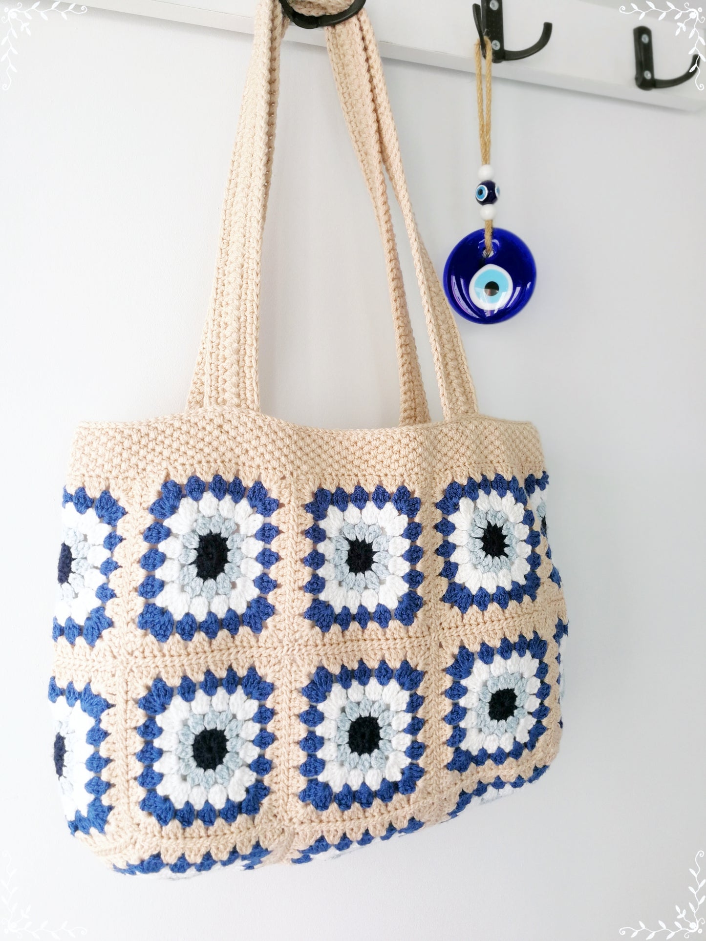 Crochet Granny Square Evil Eye Tote Bag