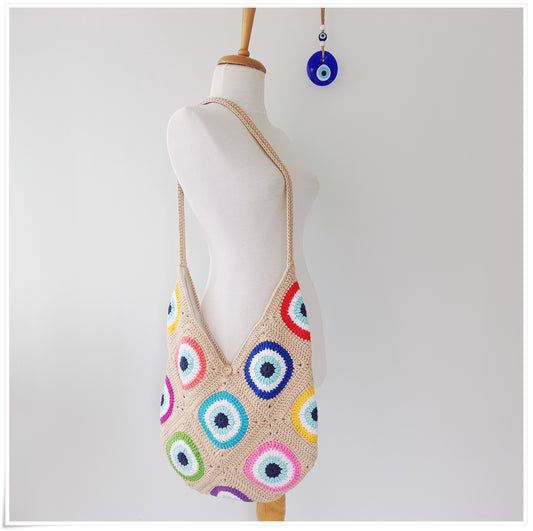 Crochet Granny Square Evil Eye Crossbody Bag
