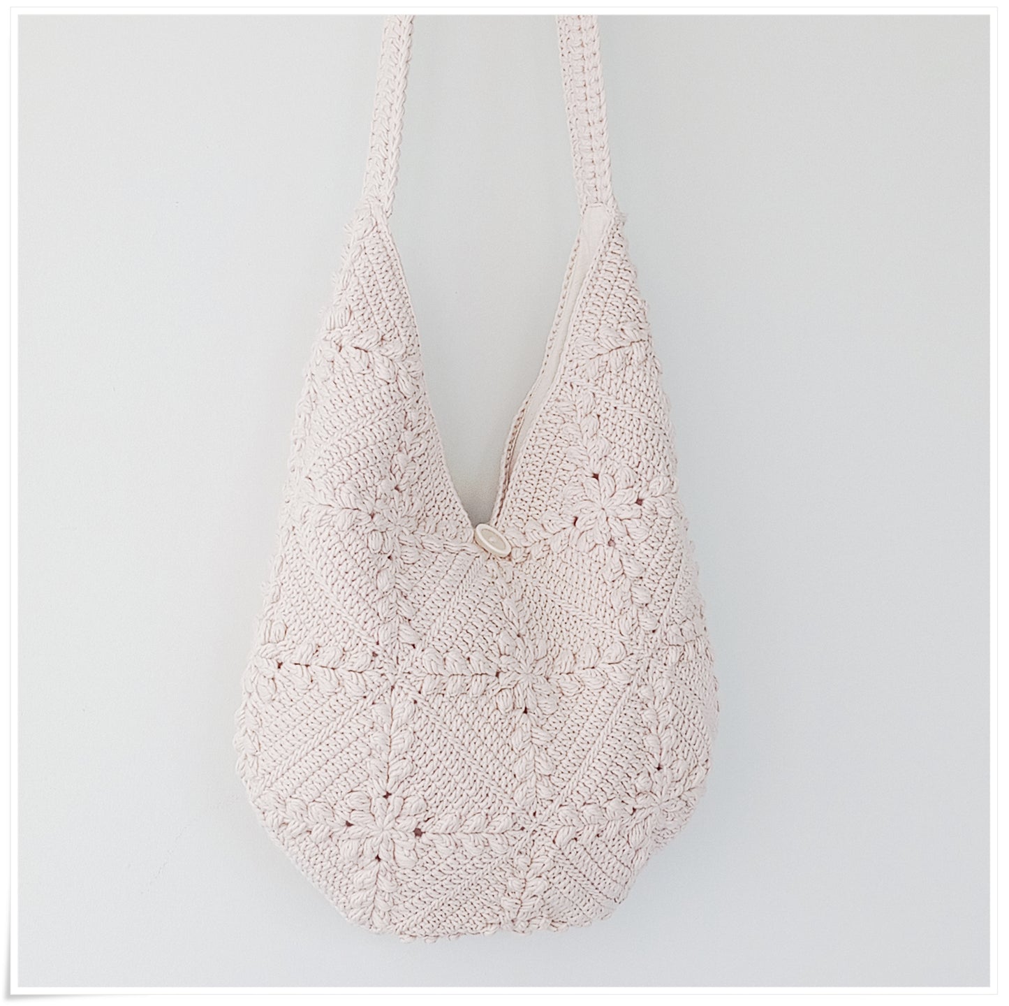 Crochet Granny Square Crossbody Bag, 3D Beige Floral Hobo Bag