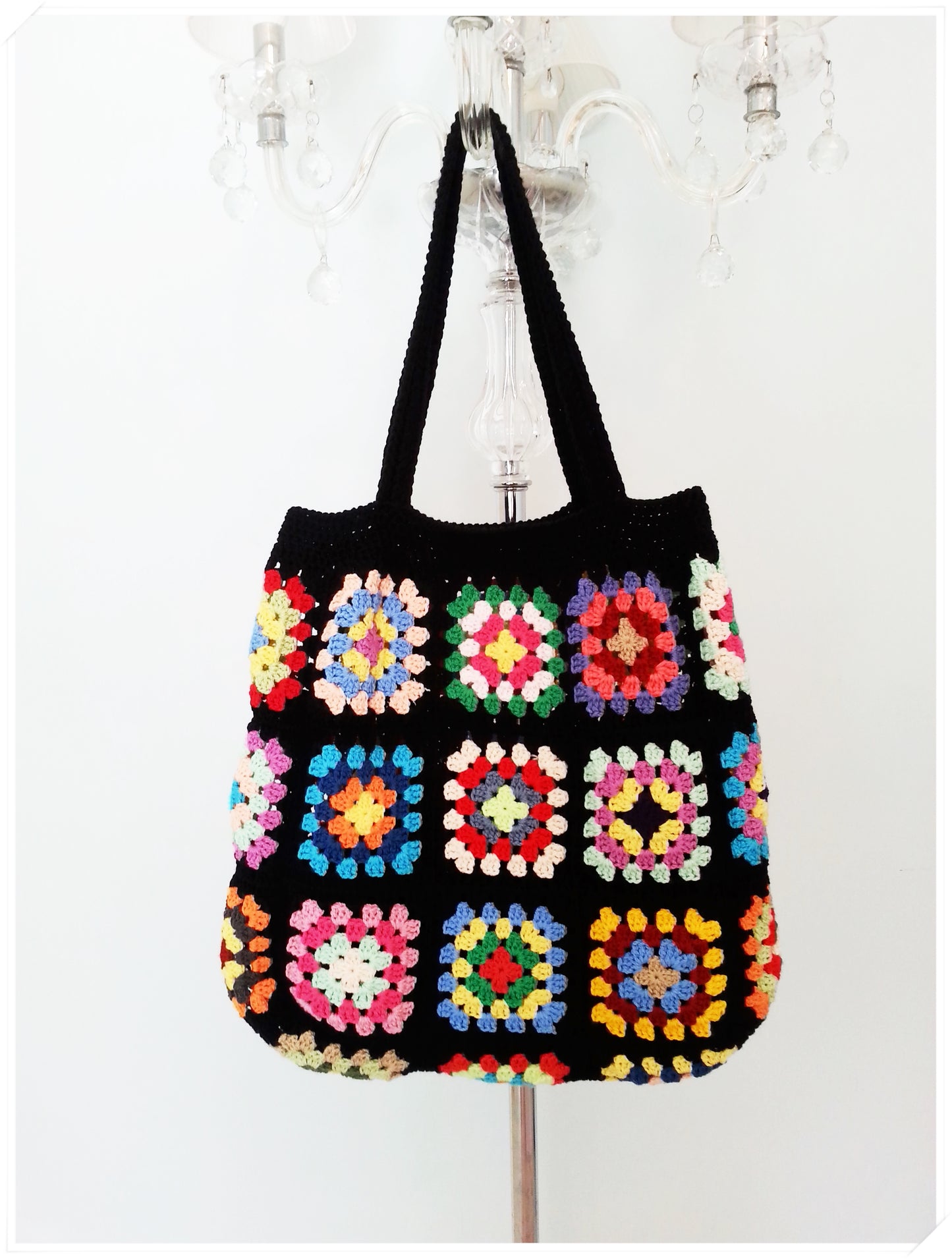 Crochet Granny Square Black Tote Bag
