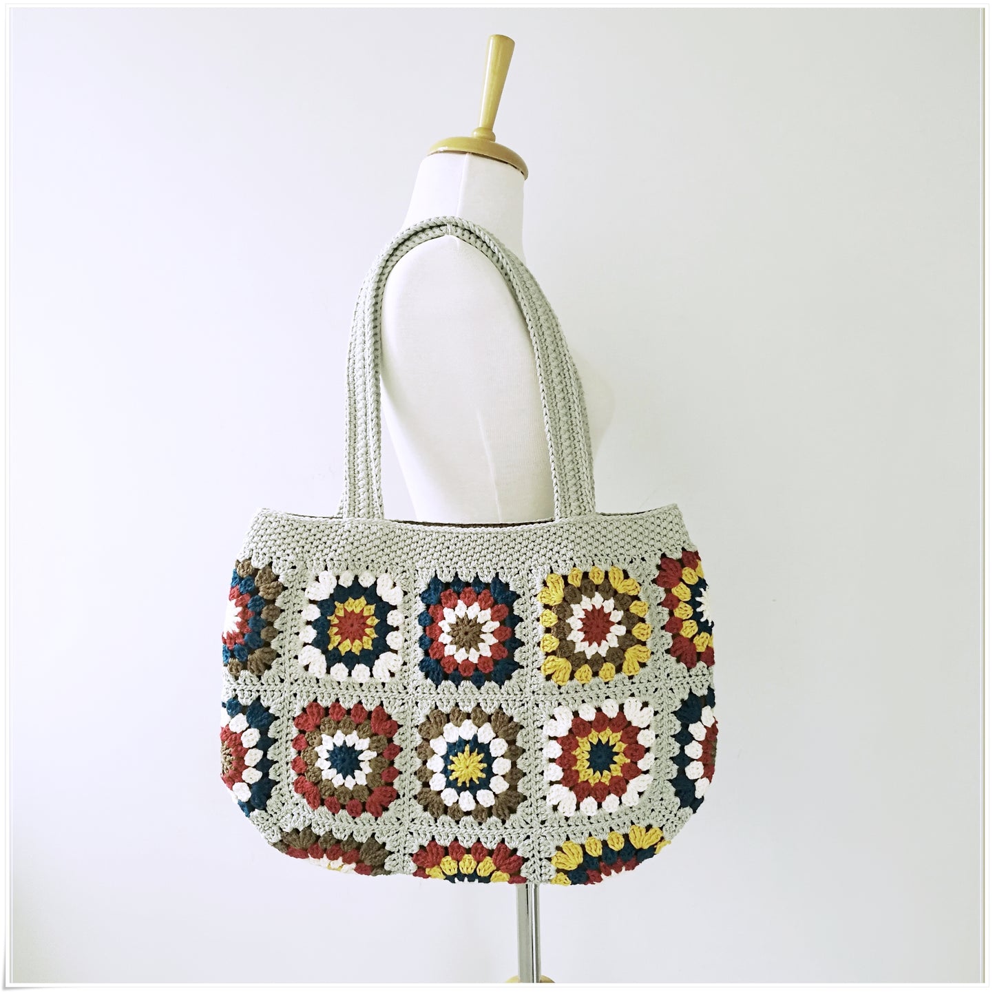 Crochet Vintage Style Floral Tote Bag, Granny Square Purse