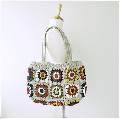 Crochet Vintage Style Floral Tote Bag, Granny Square Purse