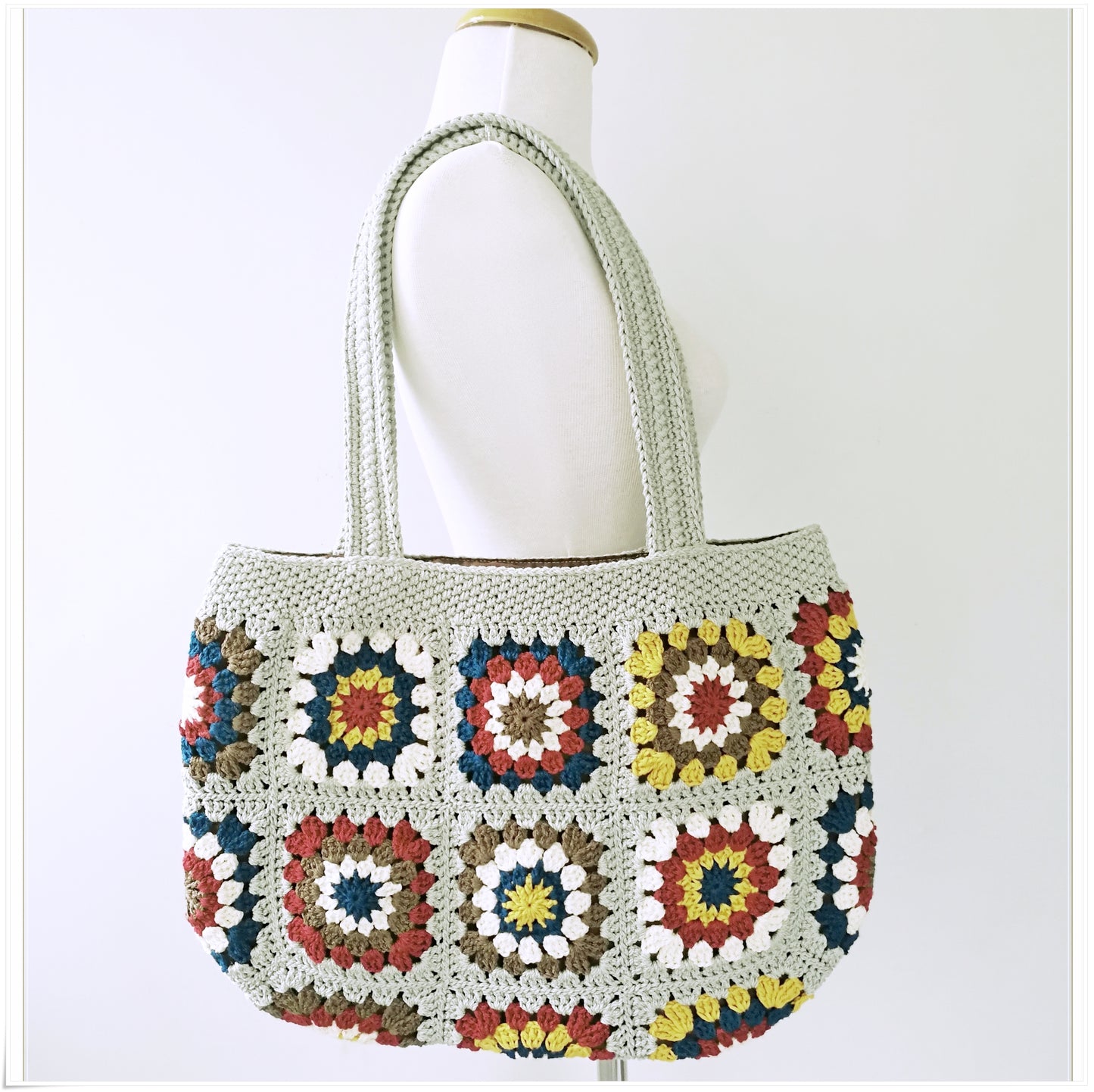 Crochet Vintage Style Floral Tote Bag, Granny Square Purse