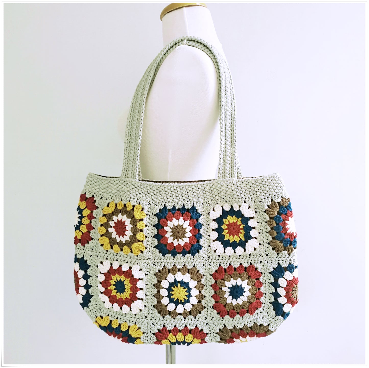 Crochet Vintage Style Floral Tote Bag, Granny Square Purse