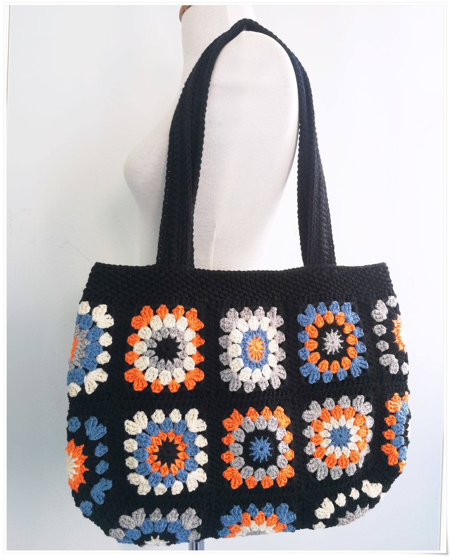 Crochet Granny Square Black Tote Bag