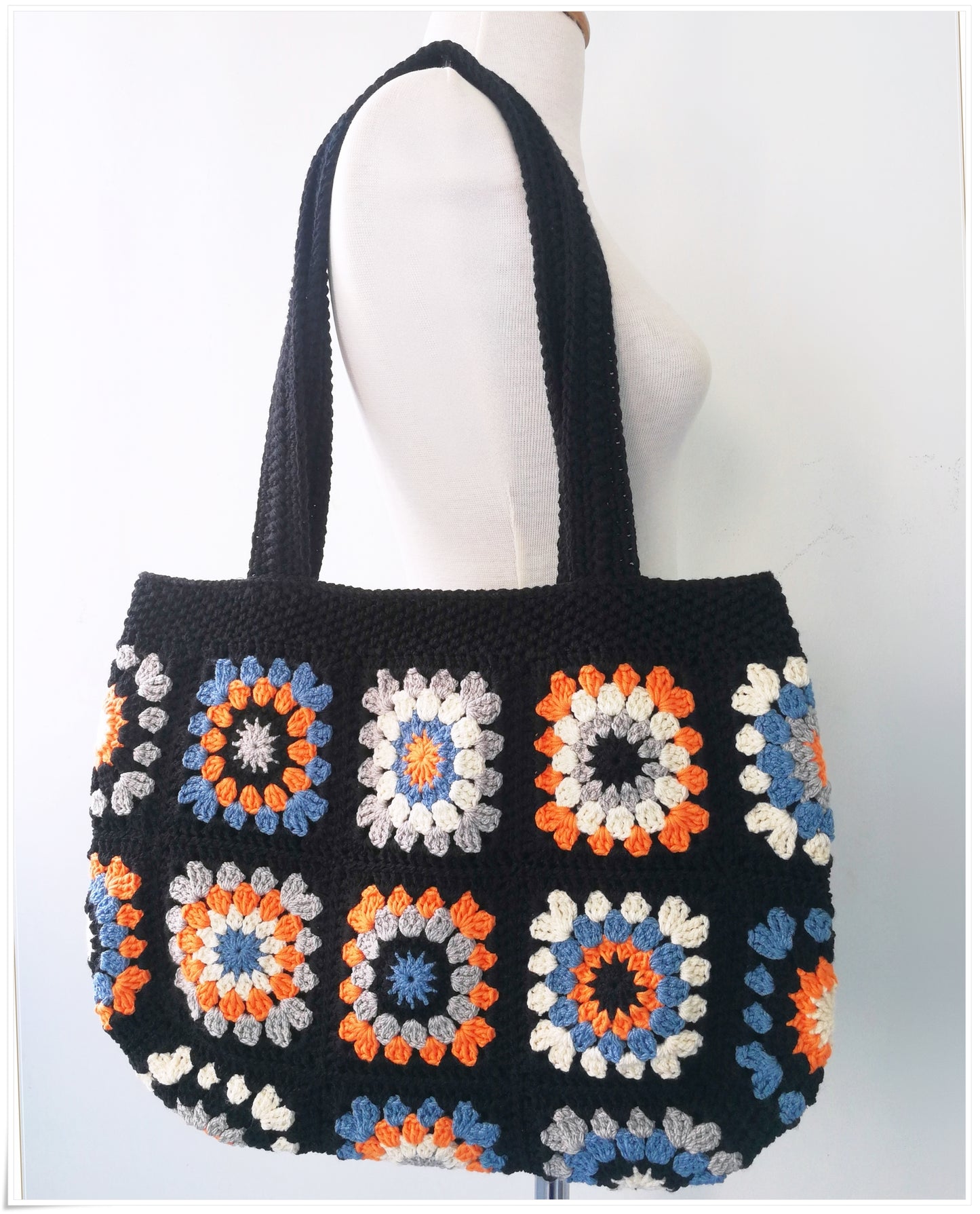 Crochet Granny Square Black Tote Bag