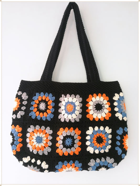 Crochet Granny Square Black Tote Bag