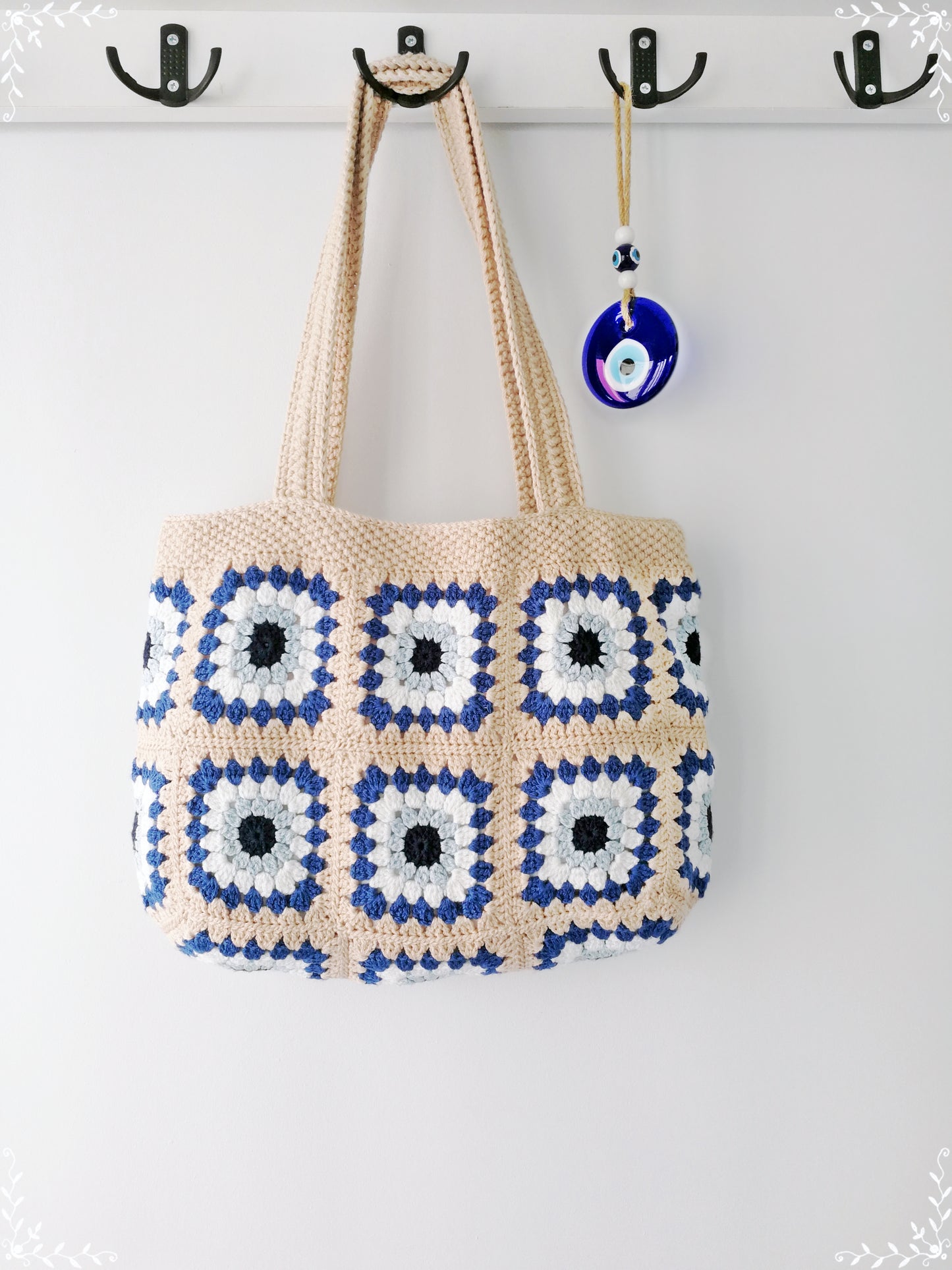 Crochet Granny Square  Evil Eye Tote Bag