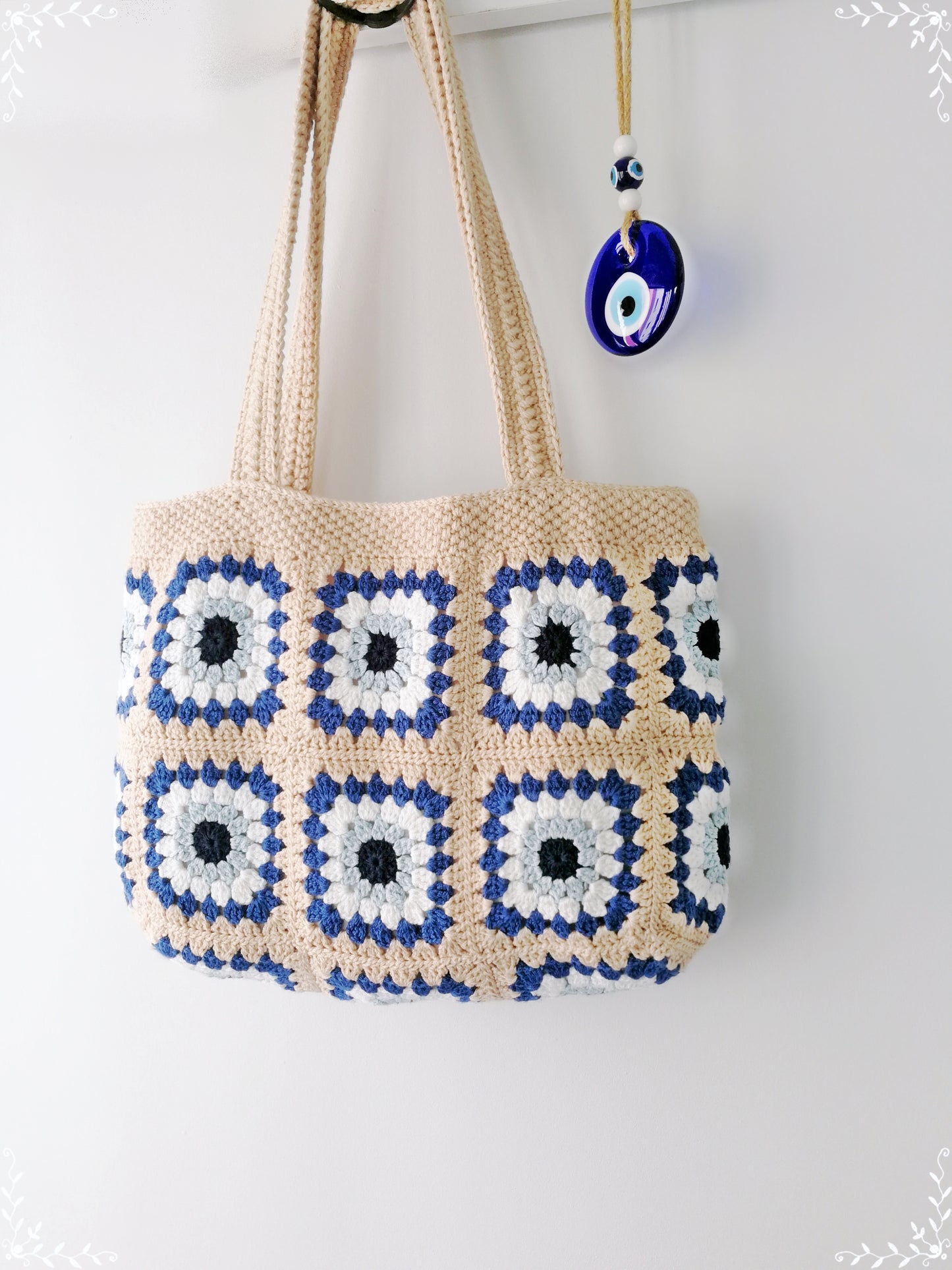 Crochet Granny Square  Evil Eye Tote Bag