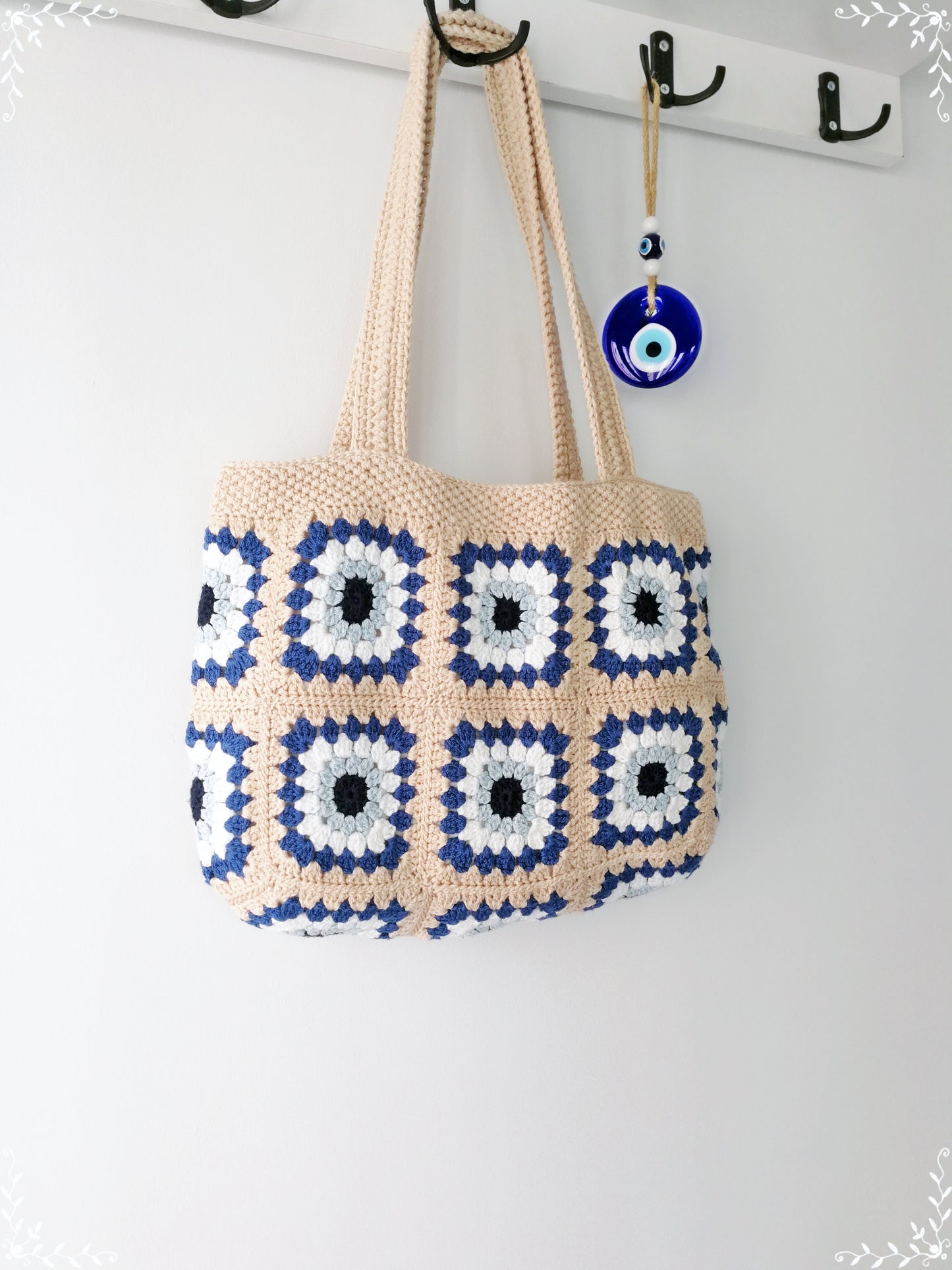 Crochet Granny Square  Evil Eye Tote Bag