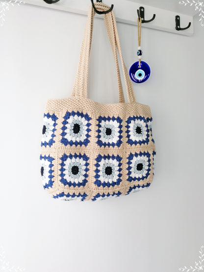 Crochet Granny Square  Evil Eye Tote Bag
