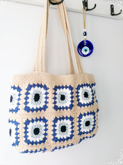 Crochet Granny Square  Evil Eye Tote Bag