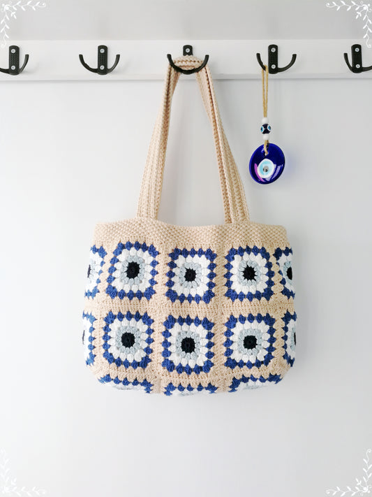 Crochet Granny Square  Evil Eye Tote Bag