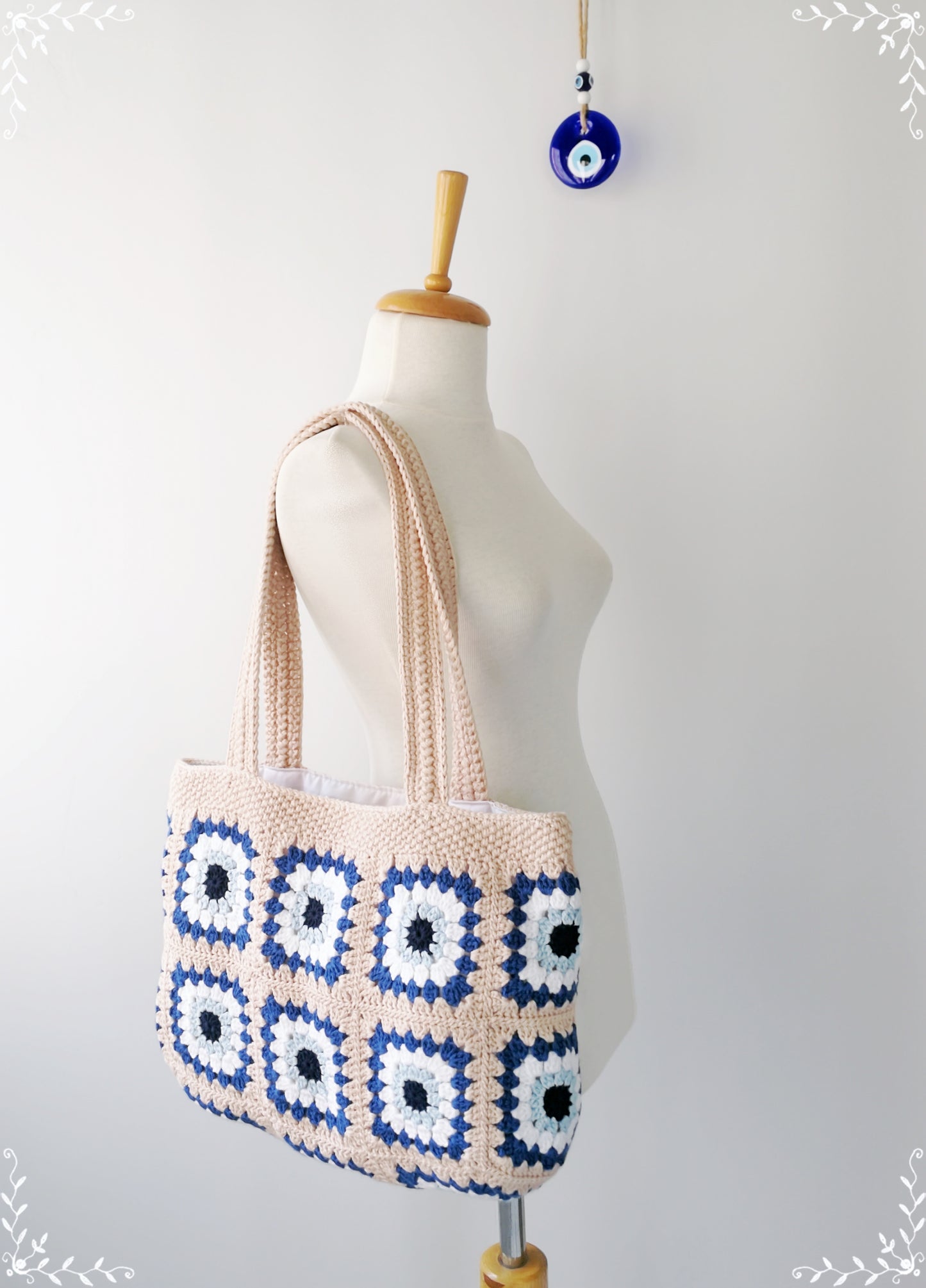 Crochet Granny Square  Evil Eye Tote Bag