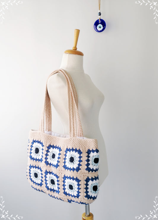Crochet Granny Square  Evil Eye Tote Bag