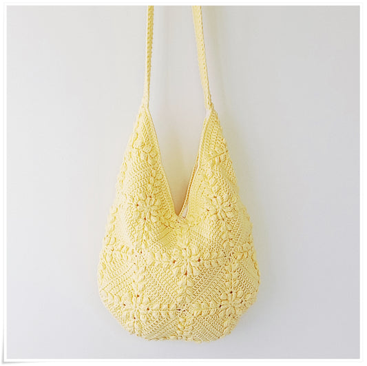 Crochet Granny Square Crossbody Bag, Butter Yellow Hobo Bag