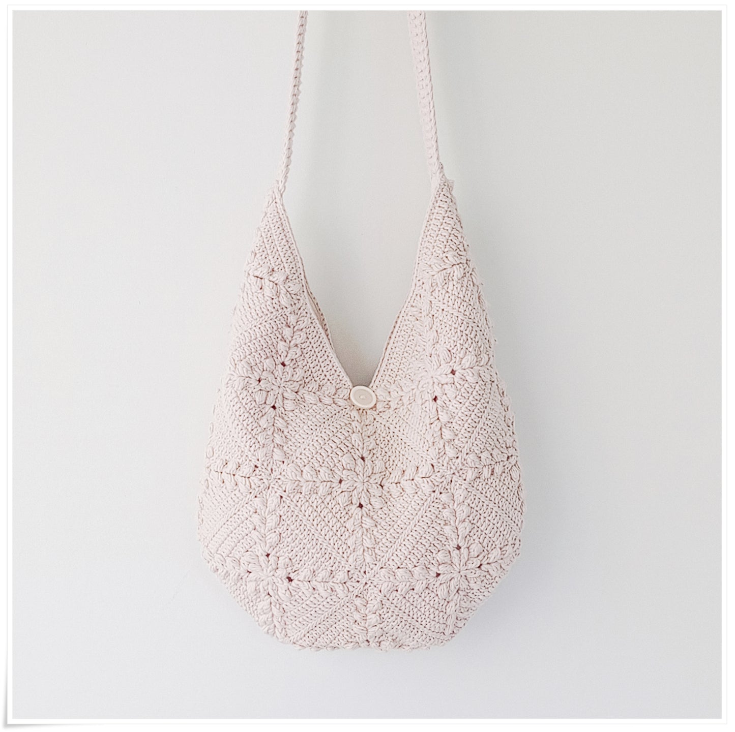 Crochet Granny Square Crossbody Bag, 3D Beige Floral Hobo Bag
