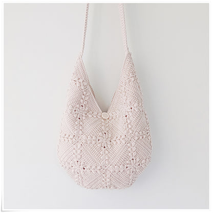 Crochet Granny Square Crossbody Bag, 3D Beige Floral Hobo Bag