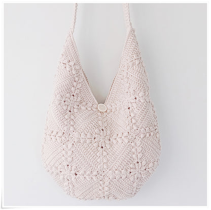 Crochet Granny Square Crossbody Bag, 3D Beige Floral Hobo Bag