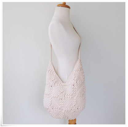 Crochet Granny Square Crossbody Bag, 3D Beige Floral Hobo Bag
