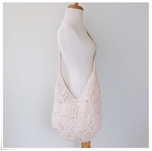 Crochet Granny Square Crossbody Bag, 3D Beige Floral Hobo Bag