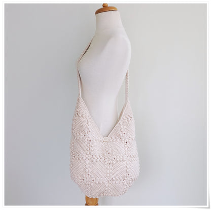 Crochet Granny Square Crossbody Bag, 3D Beige Floral Hobo Bag