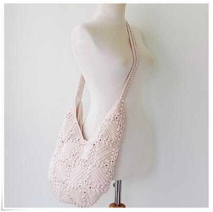 Crochet Granny Square Crossbody Bag, 3D Beige Floral Hobo Bag