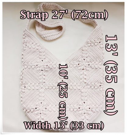 Crochet Granny Square Crossbody Bag, 3D Beige Floral Hobo Bag