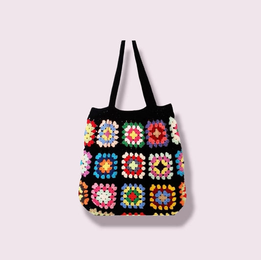 Crochet Granny Square Black Tote Bag
