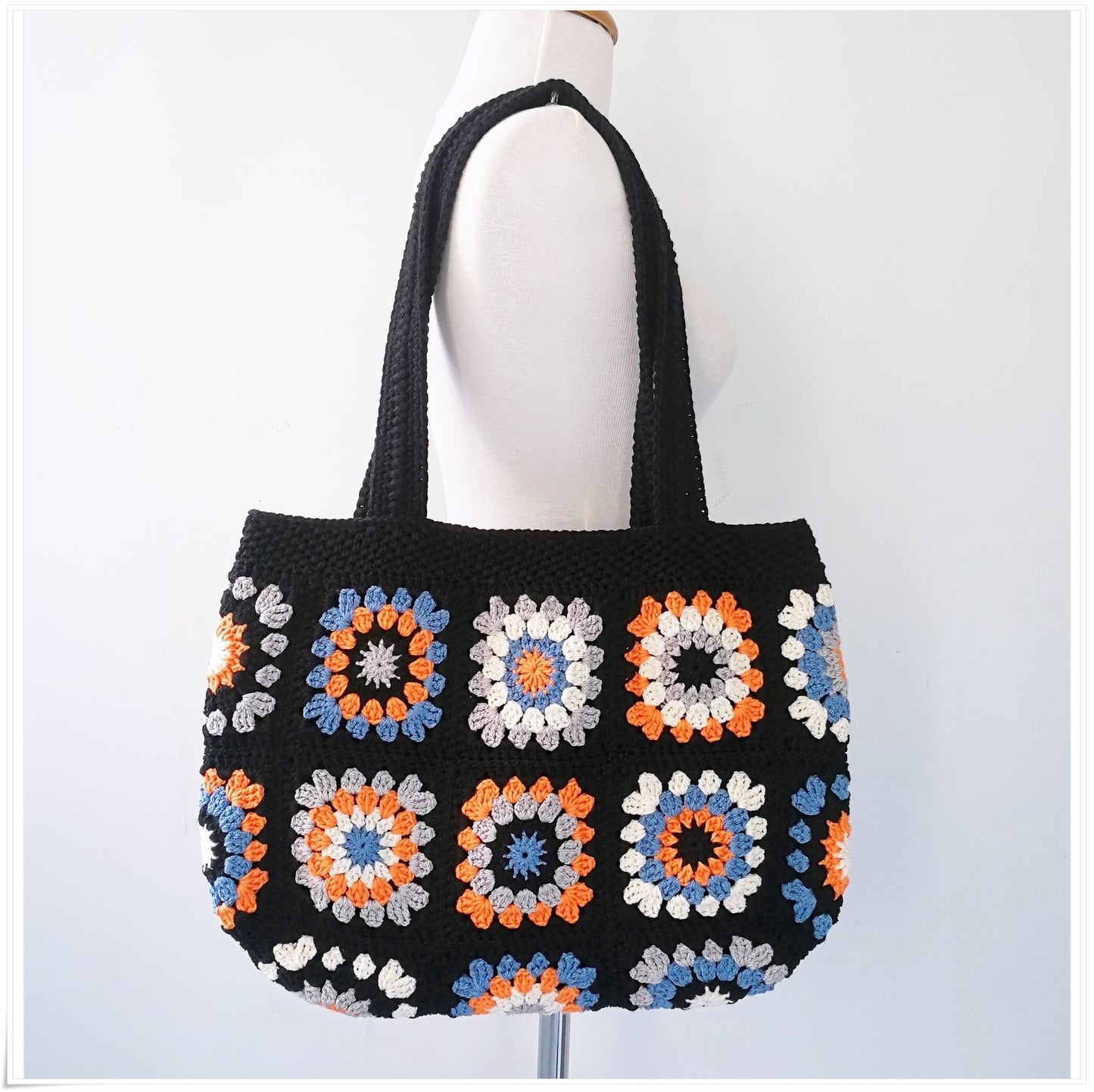 Crochet Granny Square Black Tote Bag